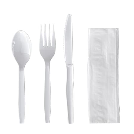 Boardwalk Four-Piece Cutlery Kit, Fork/Knife/Napkin/Teaspoon, Mediumweight, Polystyrene, White, 250PK BWK4KITWHPS